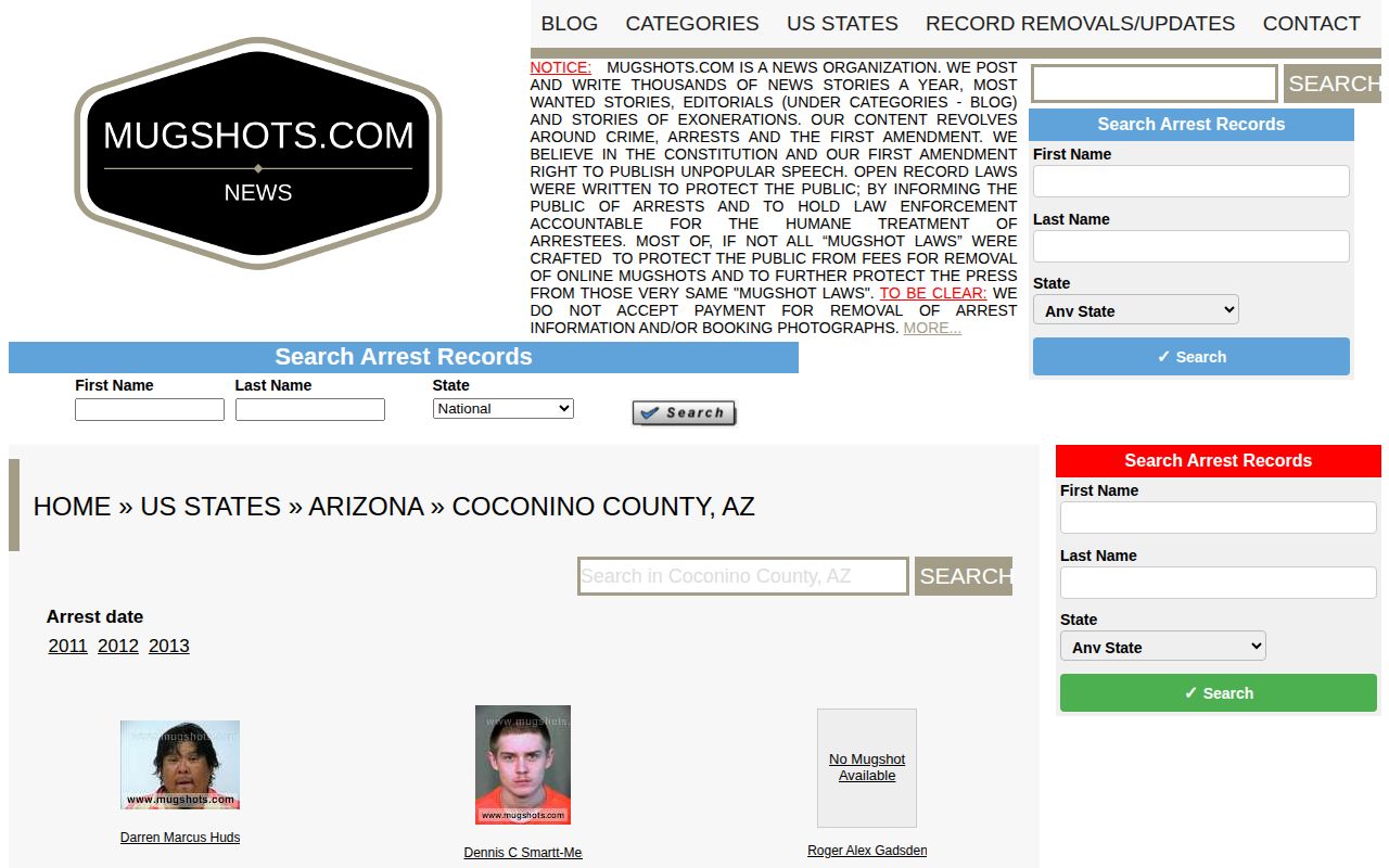 Unofficial and stale Mugshots.com Coconino County arrest archive interface
