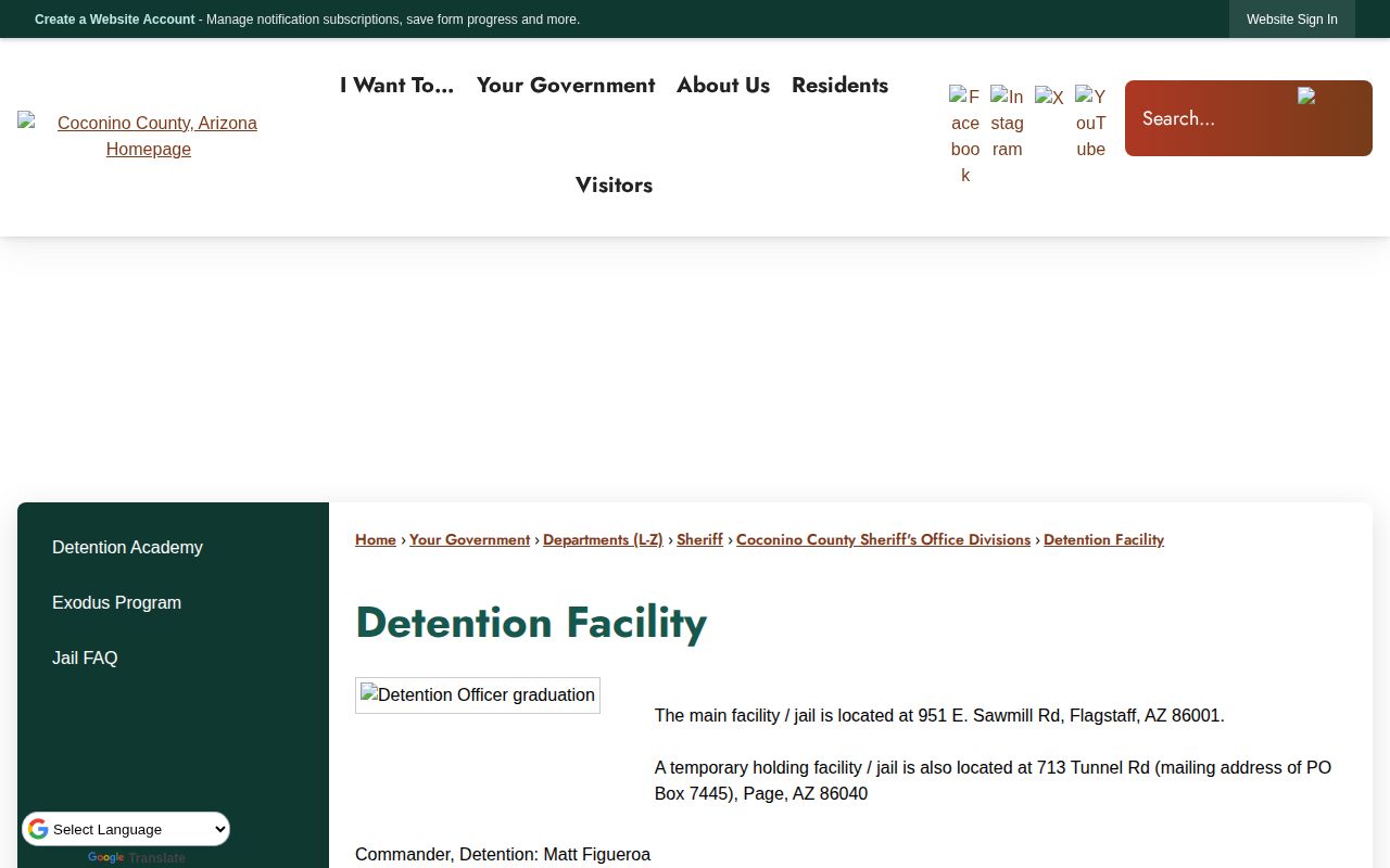 Coconino County jail roster and detention contact page